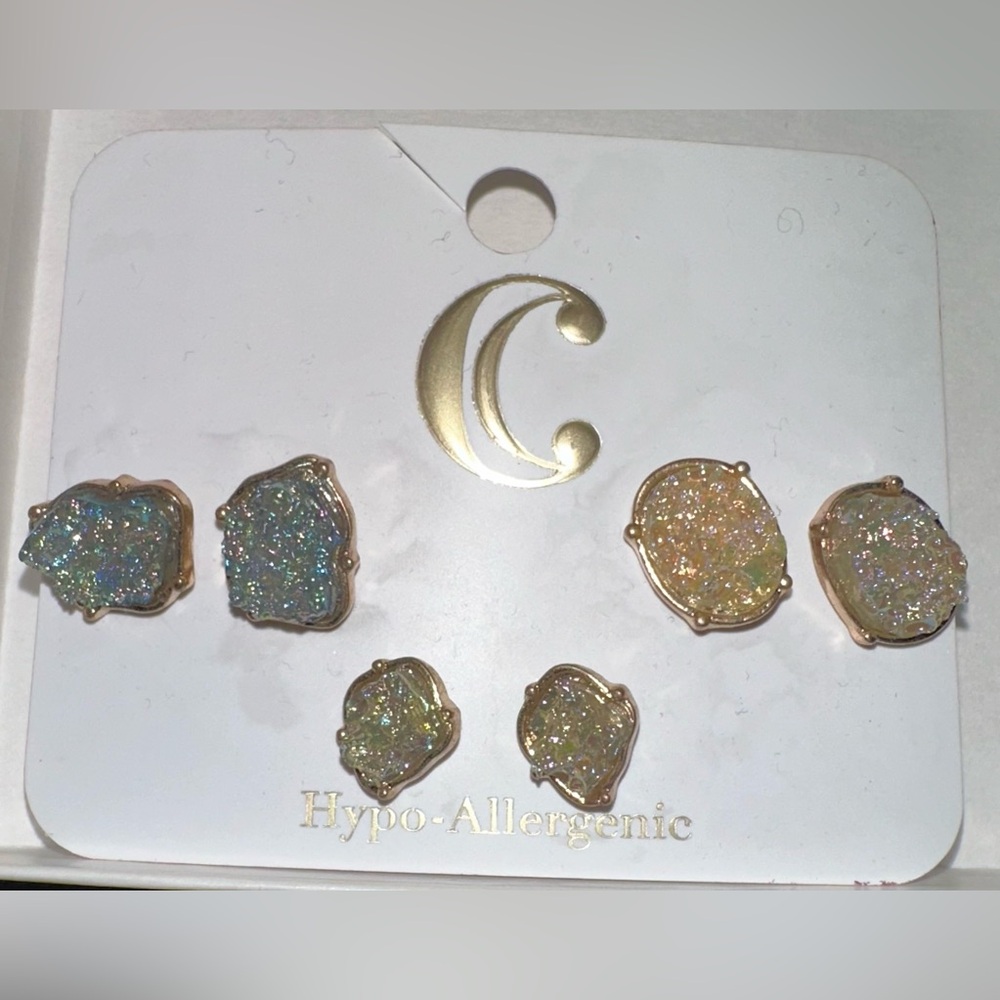 Charming Charlie Gold Druzy Crystal Earrings Set